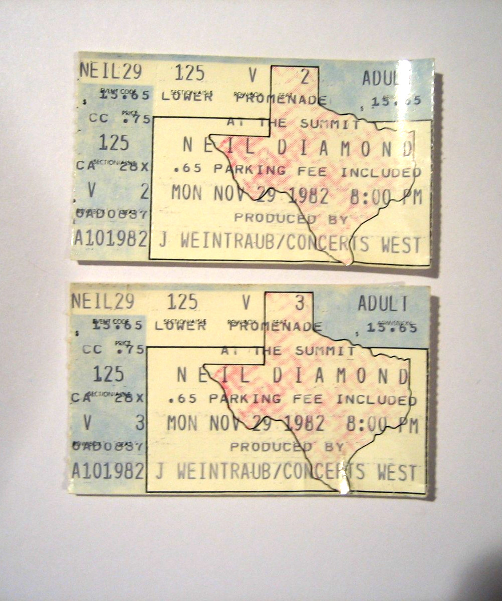 TWO 1982 NEIL DIAMOND SUMMIT HOUSTON TEXS USED TICKET STUBS LOW US SHIP