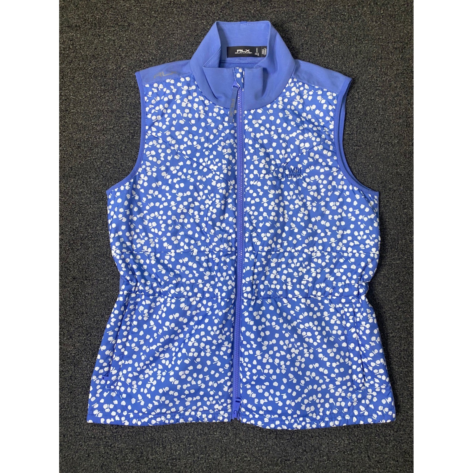 RLX Ralph Lauren Tech Terry Full Zip Peplum Golf Vest Blue Floral Womens Small