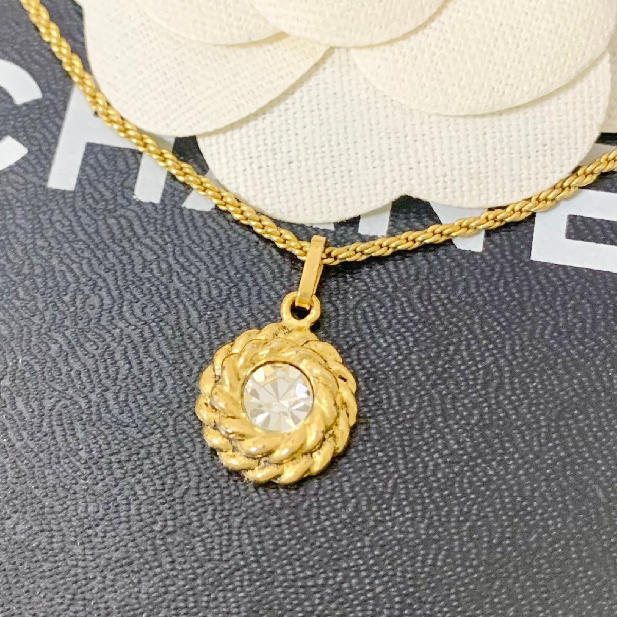 CHANEL necklace mini stone vintage chain crystal round gold