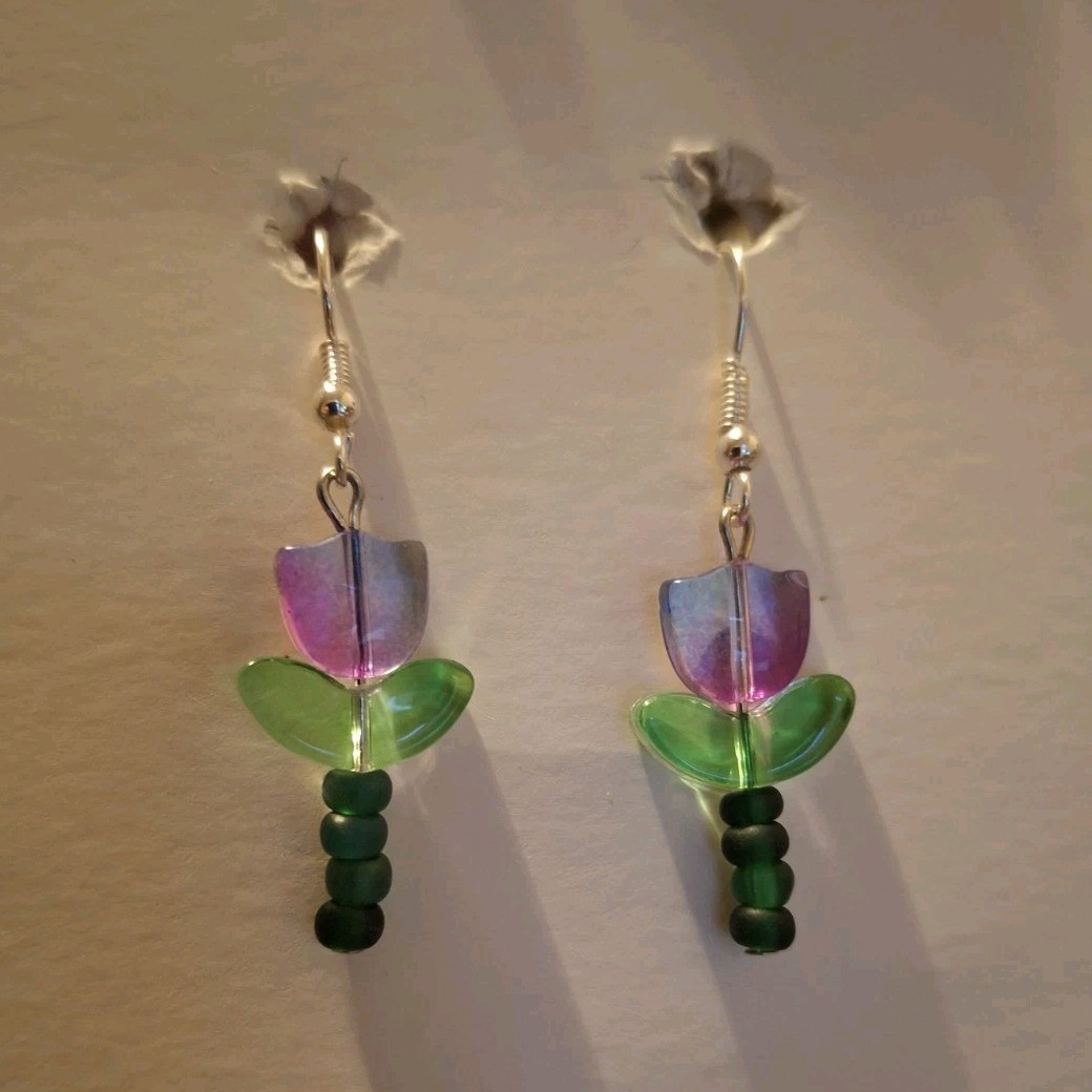 Handcrafted Flower Glass Beaded Dangle Earrings Purple Green Women