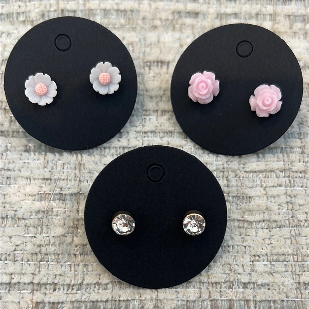 Floral and Crystal Kids Earrings Set - Pink and White