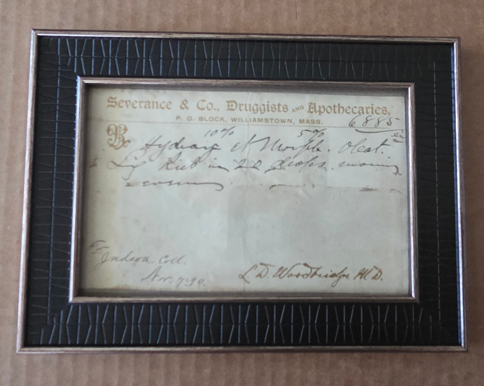 FRAMED ANTIQUE November 7, 1890 PRESCRIPTION for MORPHINE (Massachusetts)