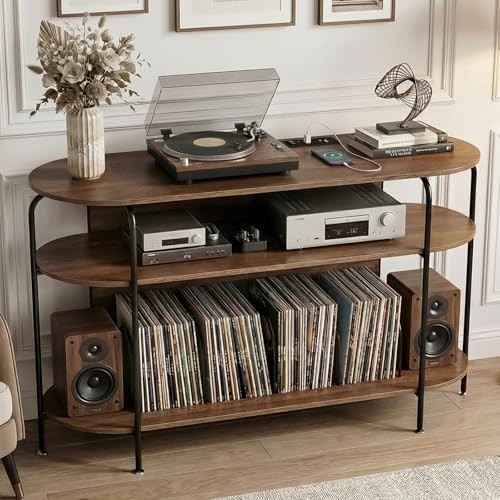 Record Player Stand with Vinyl Storage, Large Wooden Record round Walnut