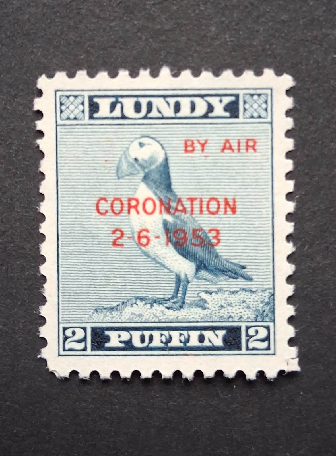 GB, LUNDY ISLAND, LOCAL AIR MAIL STAMP 1953, 2 PUFFIN, MINT NO GUM
