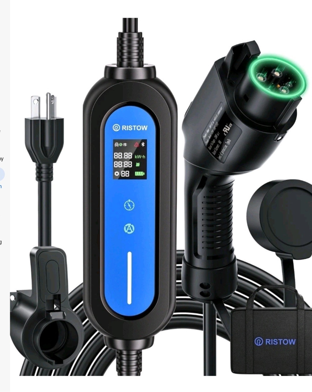 RISTOW 25ft Portable EV Charger J1772 16A 3.8kW 110V/240V IP66 Waterproof 