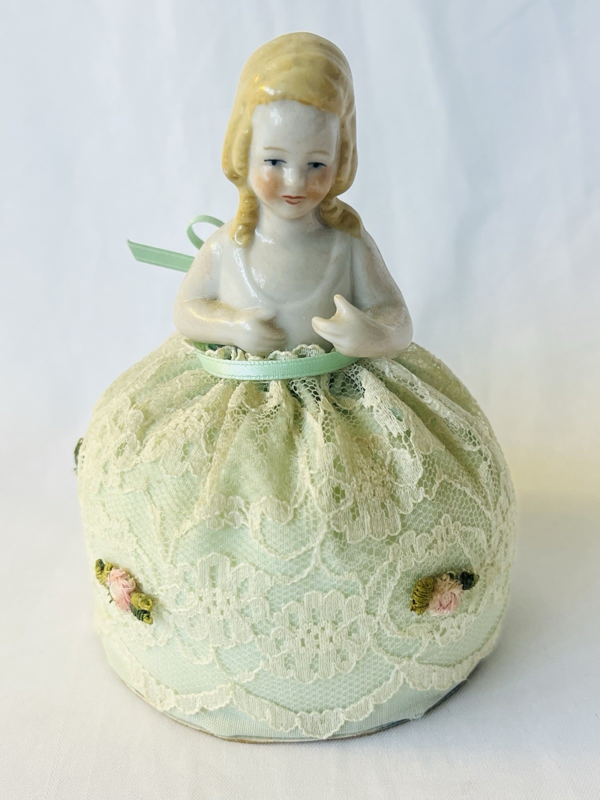 Antique Porcelain Blond Half Girl Doll Lace Flowers Arms Away