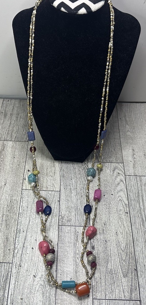 Chicos Long Beaded Multi Dual Strand Necklace Multi Color Stones Statement Piece