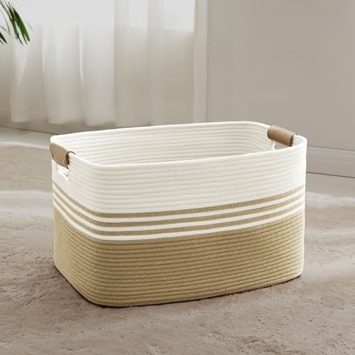 Large Laundry Basket with Leather Handles for Living Room Storage, 60L Khaki