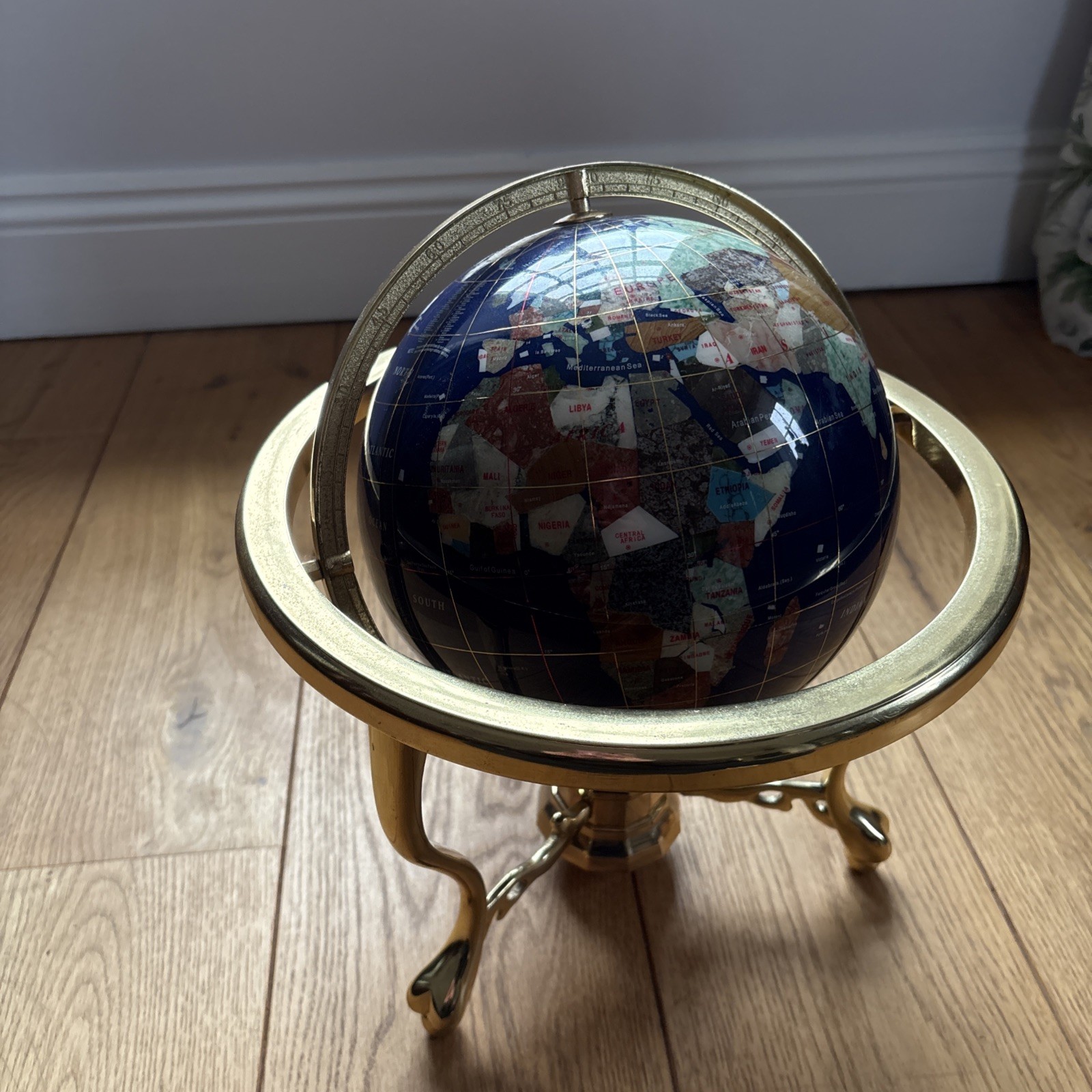 Vintage Semi Precious Gemstone World Globe on Brass Stand With Compass