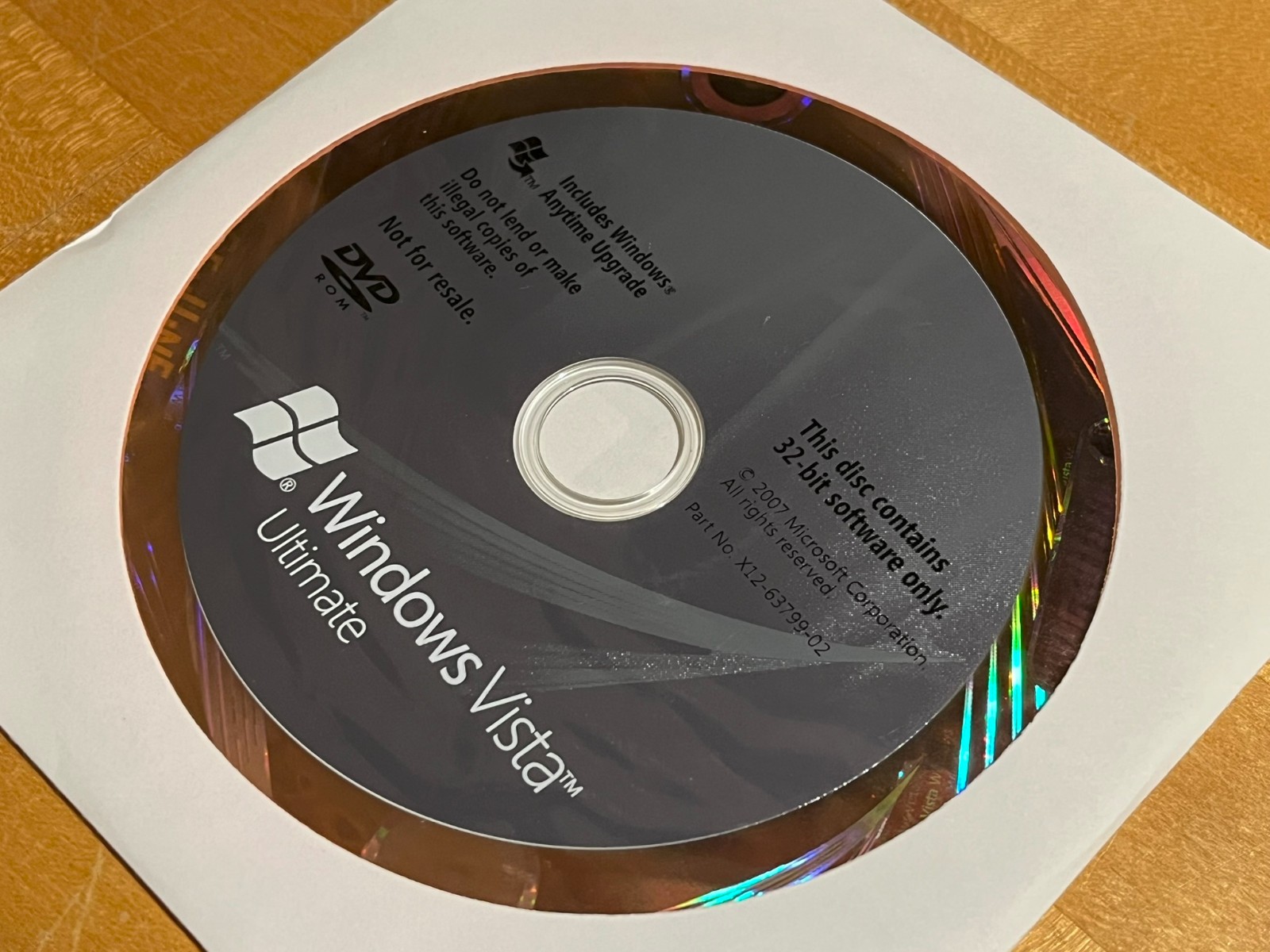 Microsoft Windows Vista Ultimate 32-bit DVD with Key in Paper Sleeve