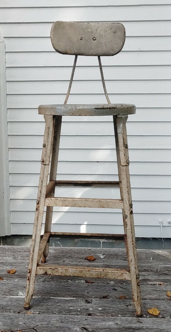 Vtg Industrial Metal Stool W Back Seat Set At 28” Height Paint Went Alligator