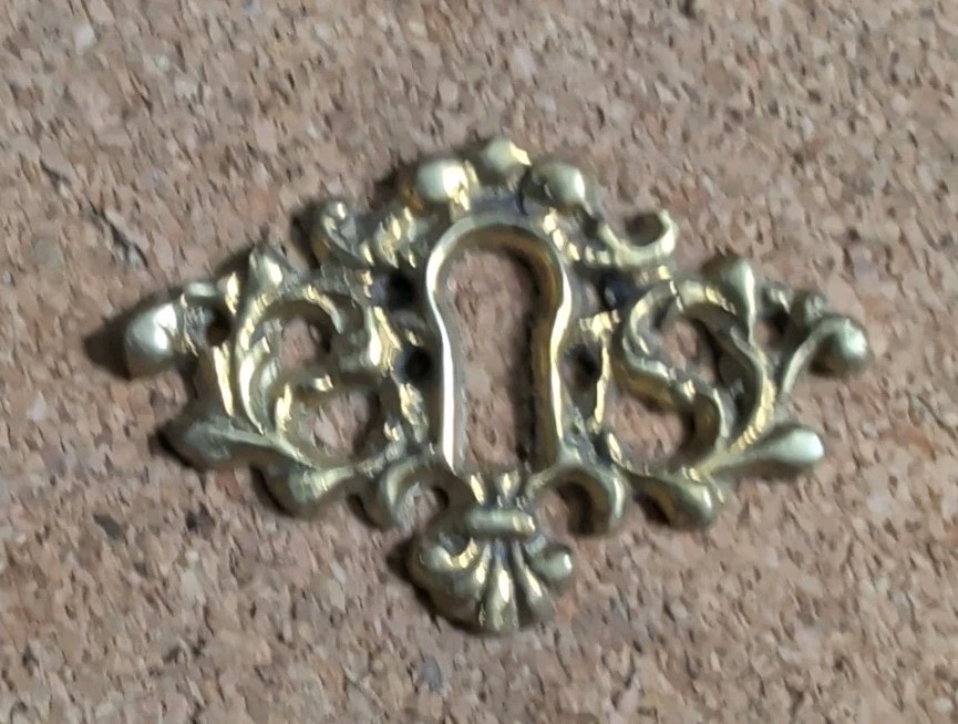 Vintage Cast Brass Keyhole Escutcheon 2 Inch 1 3/4 Long Nos With Brads