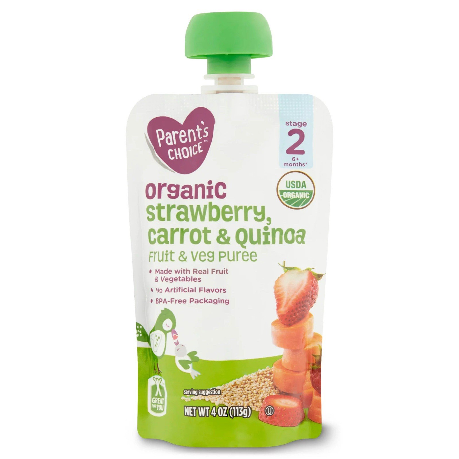 Parent's Choice Stage 2 Baby Food, Organic Strawberry, Carrot & Quinoa Pouch