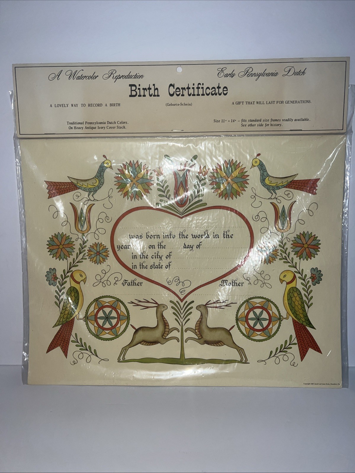 Jacob Zook Birth Certificate Blank Early Pennsylvania Dutch 1967 VTG NEW