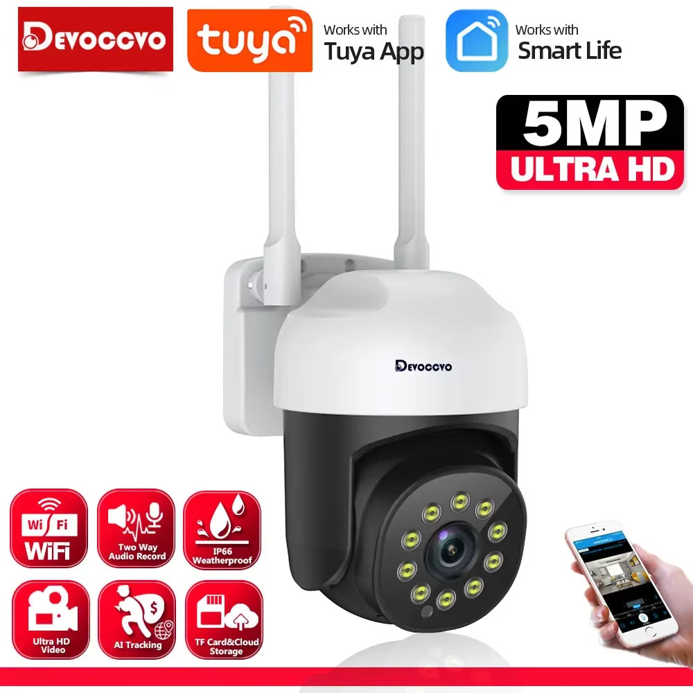 Tuya 5MP Wifi IP Camera Color Night Vision Outdoor Auto Tracking Wireless PTZ CC
