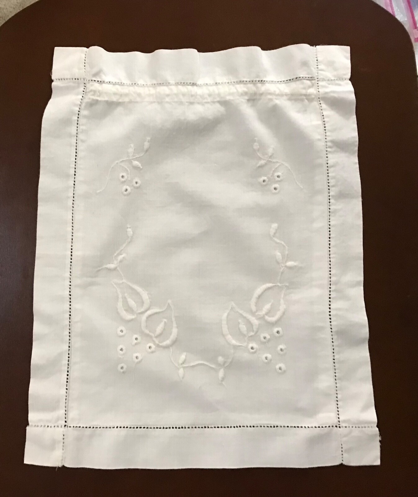 Antique Edwardian Boudoir Drawstring Bag with White Satin Stitch Embroidery