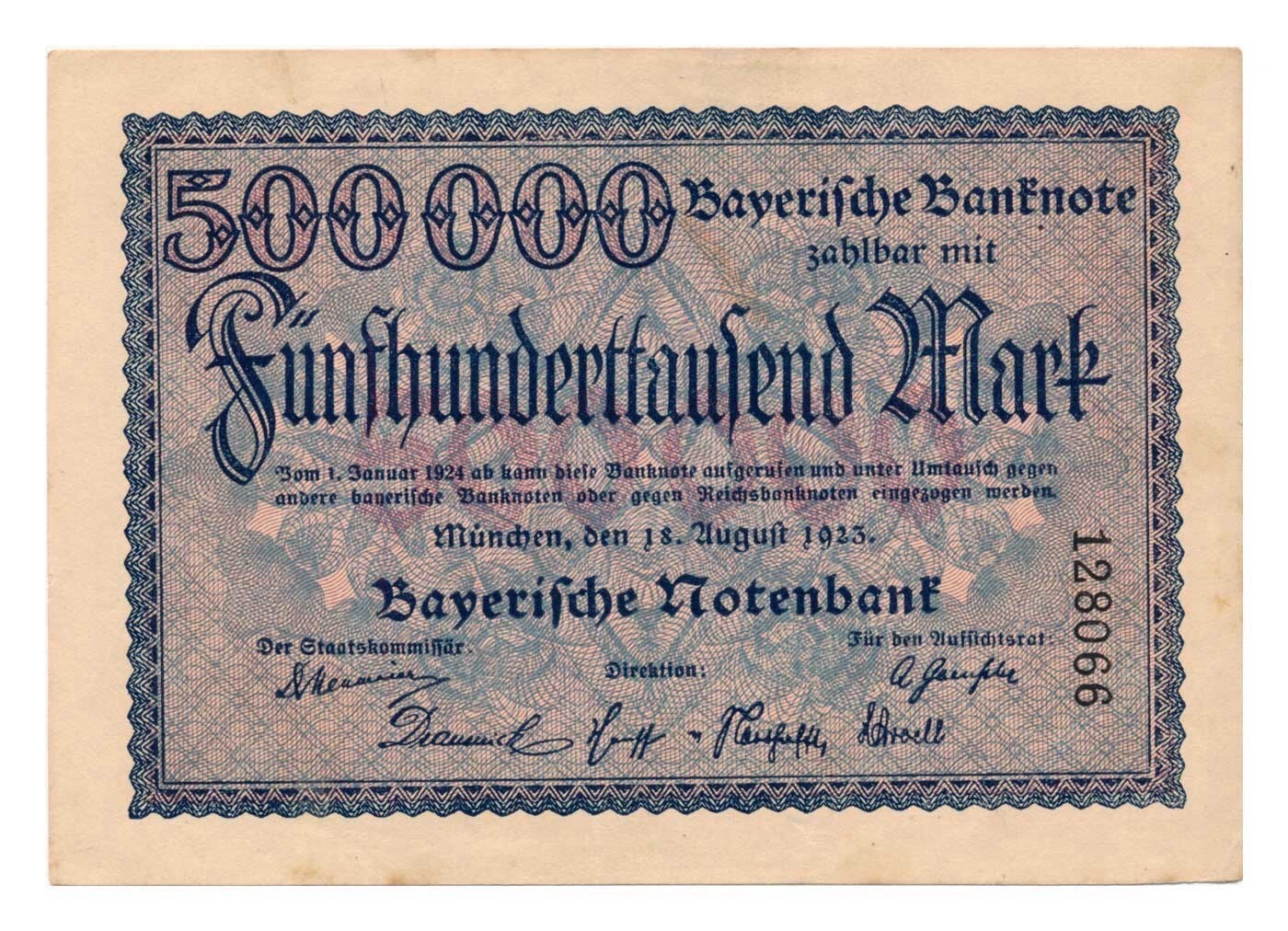 GERMAN STATES (BAVARIA) banknote 500.000 Mark 18.8.1923. XF+