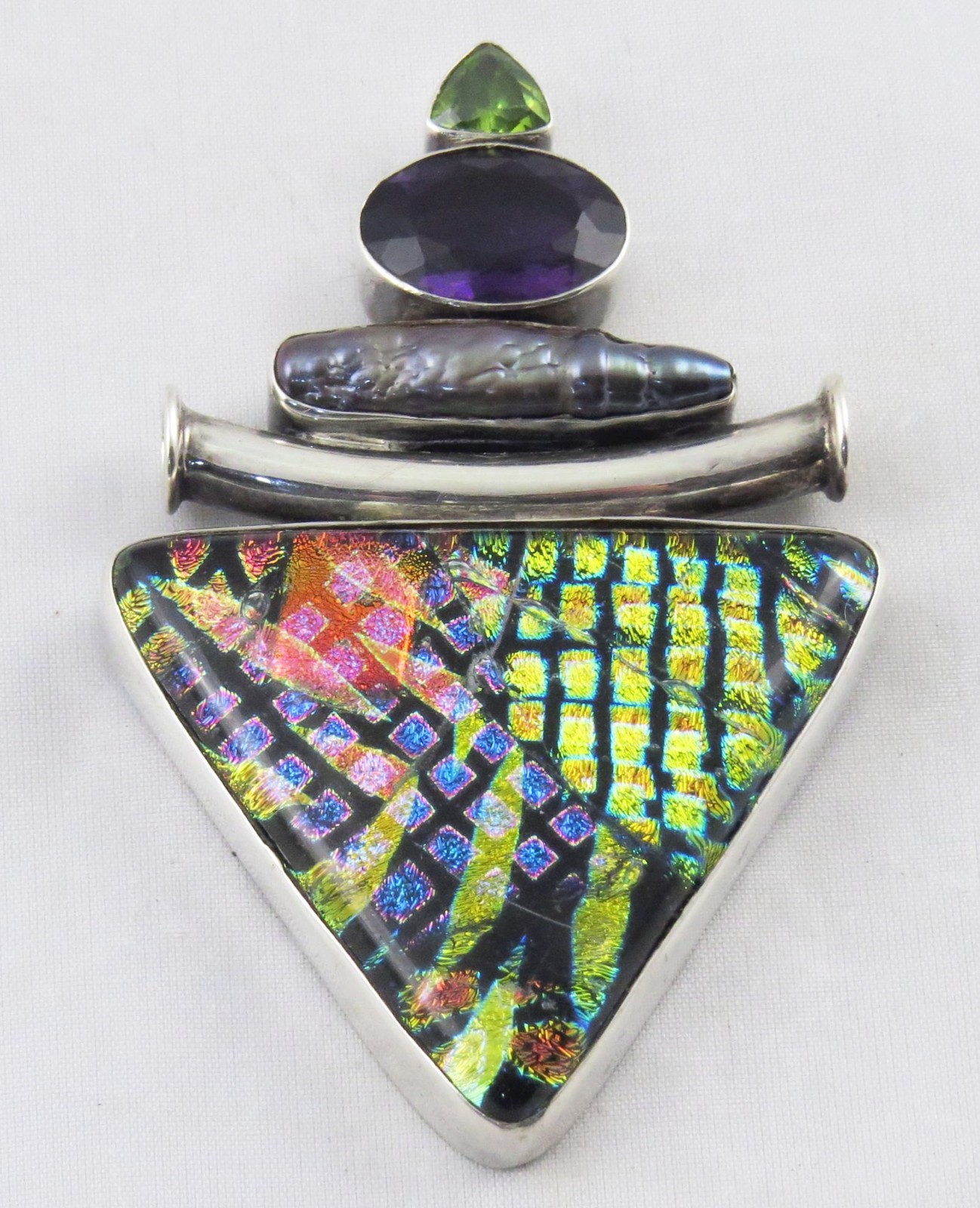 Artisan Sterling Pendant Large Amethyst Peridot Dichroic Glass & Shell .925 3"