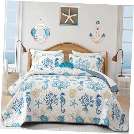 Coastal Size Quilt Set 3 Pcs, Summer Green King Seahorse Coral Sea Star Shell 1