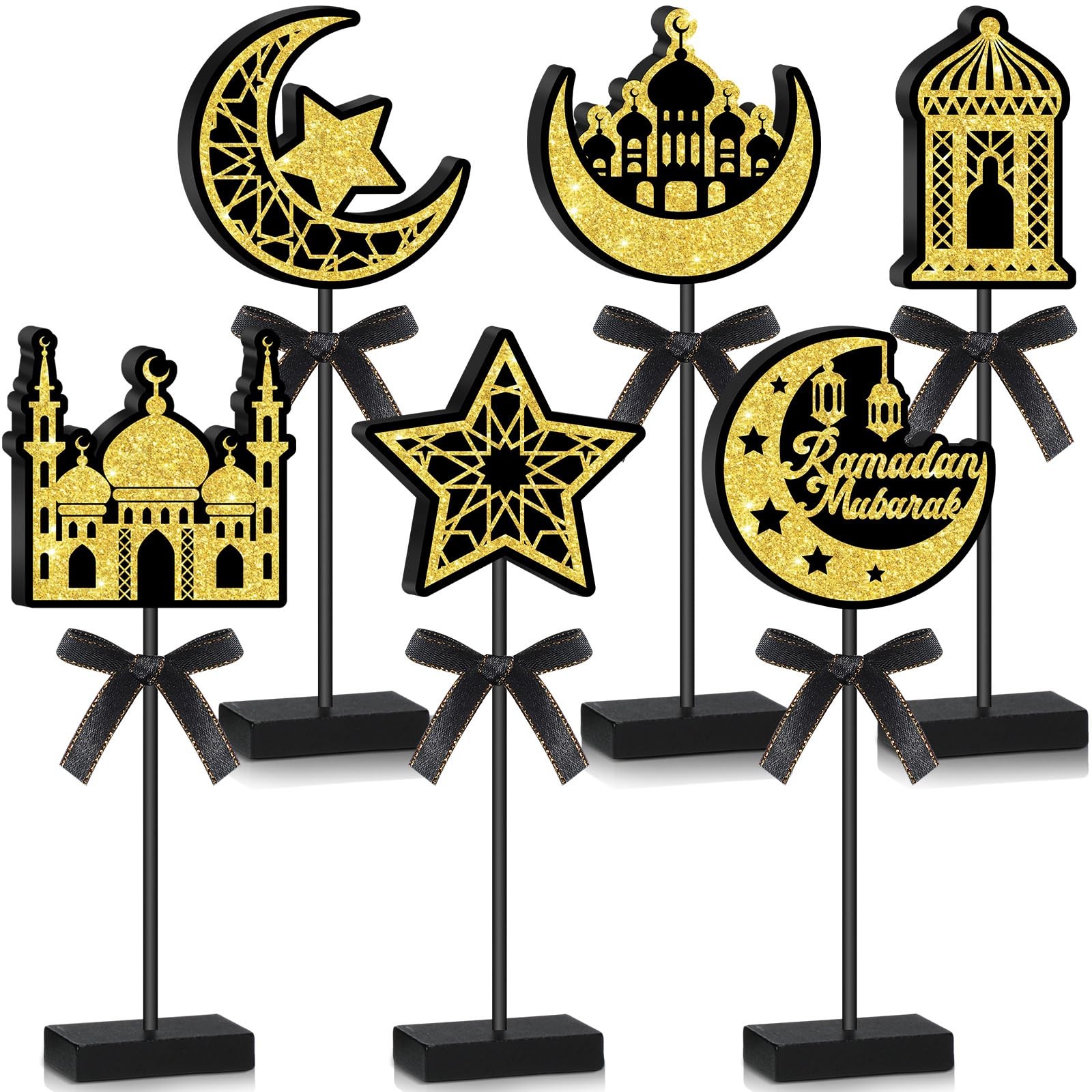 Huwena 6 Pcs Ramadan Decorations Eid Mubarak Table Decor Wooden Tall Standing...