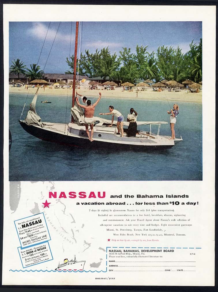 Nassau BAHAMA ISLANDS Vacation Travel Ad 1956 Sailboat Beach Resort