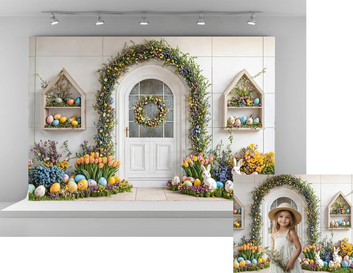 7x5ft Colorful Easter Eggs Backdrops White Rabbit Flowers Background Studio Pro