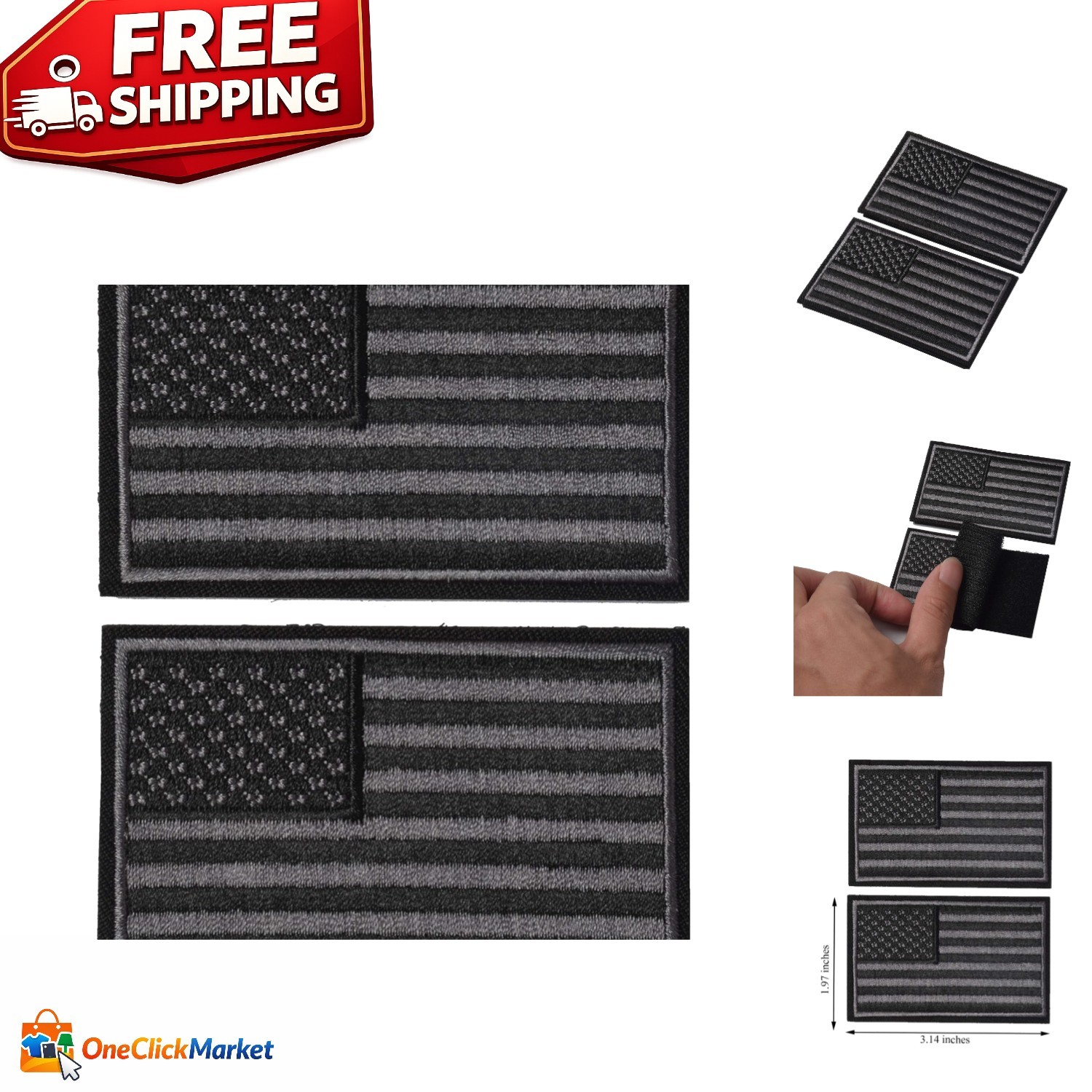 Set of 2 Tactical Black & Gray Flag Patches - Perfect for Gear and Apparel