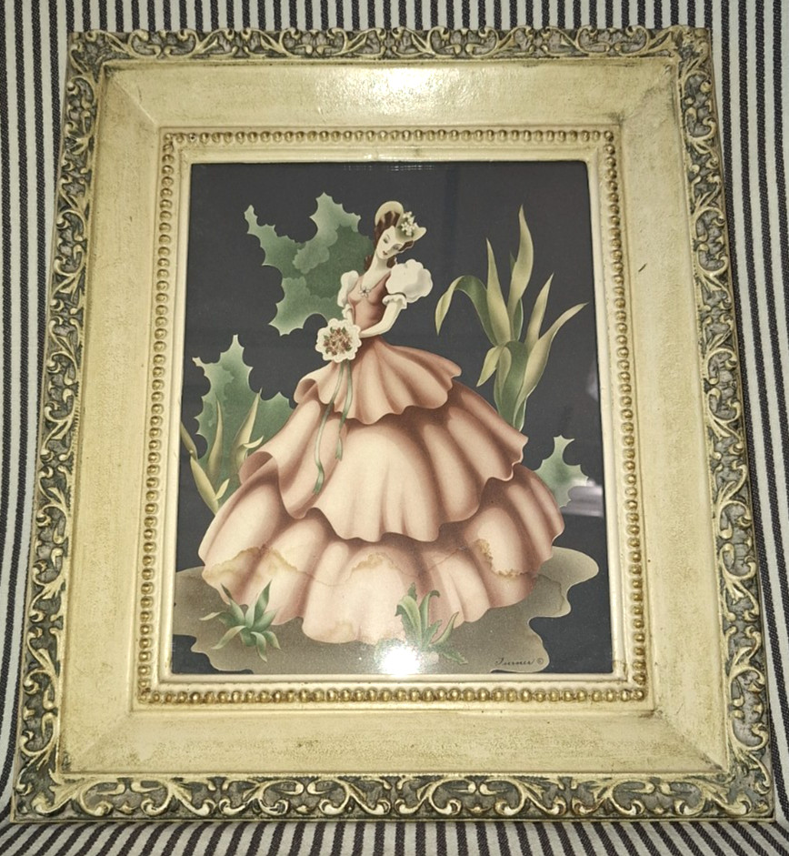 VTG MCM 1940s-1950s TURNER SOUTHERN BELLE VICTORIAN LADY 14" FRAMED PRINT - Read