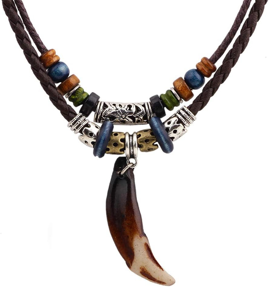 Leather Tribal Necklace for Women and Men Vintage Bohemian Style Ethnic Wood Bea