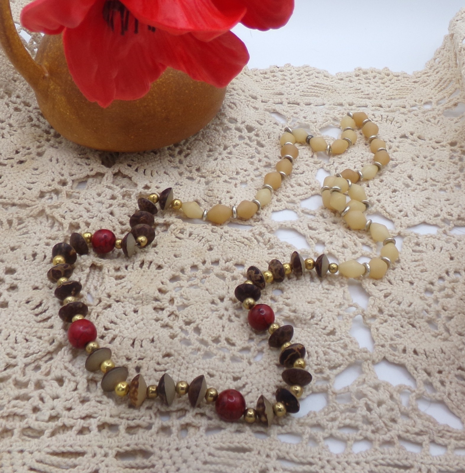 White carved Bodhi Beads golden spacers red accent beads 26in long over-the-head