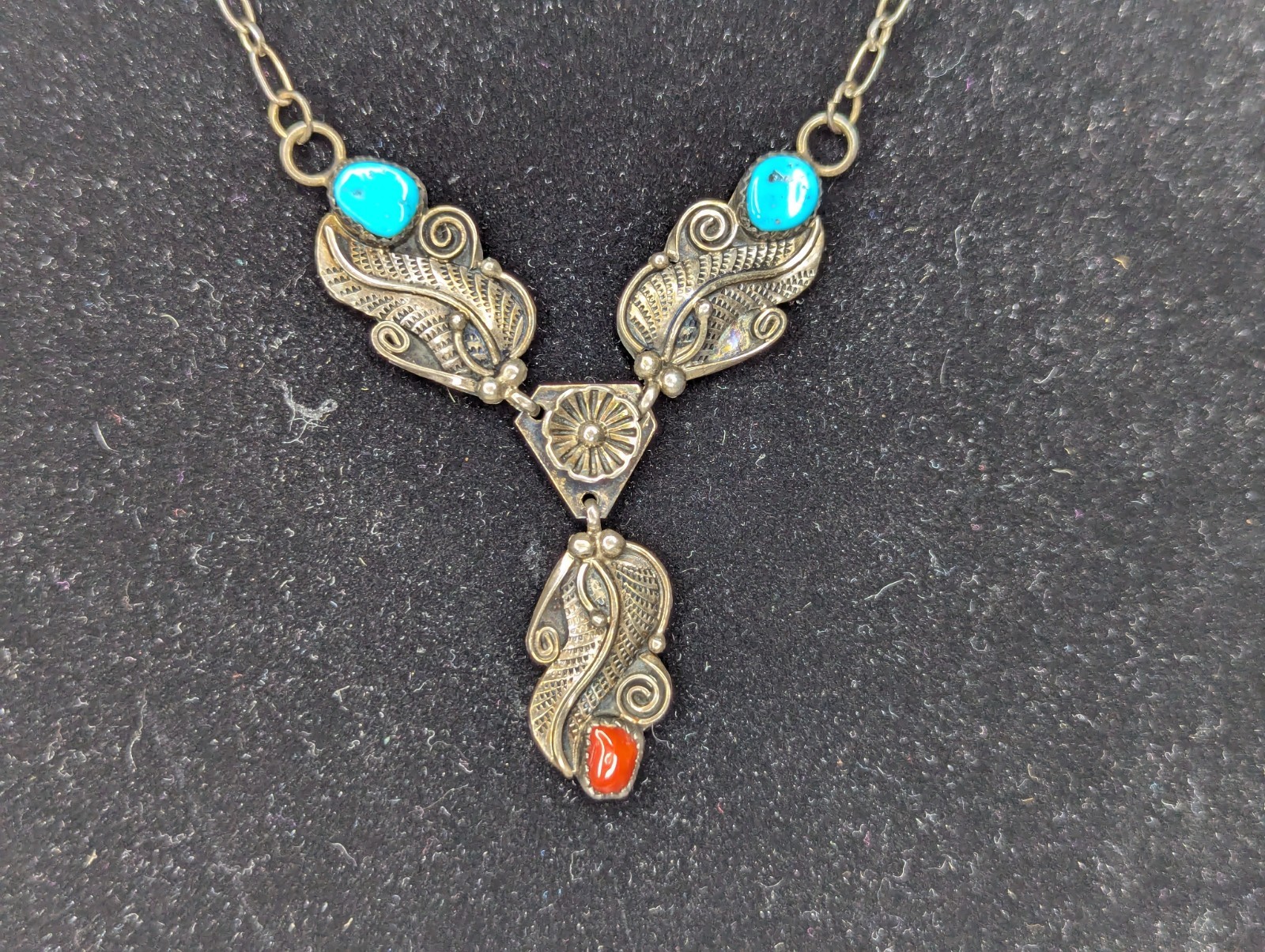 Dorothy Ashley Navajo Sterling Silver Necklace w/ Turquoise & Coral Y Necklace
