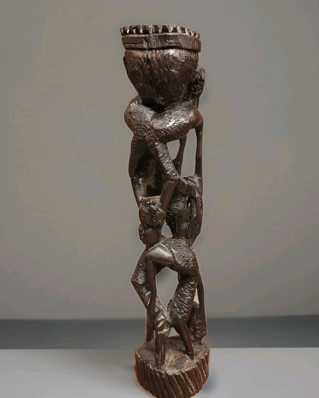 Antique Hand Carved Ebonized Wood Makonde Ujamma Life Sculpture from Tanzan 11"