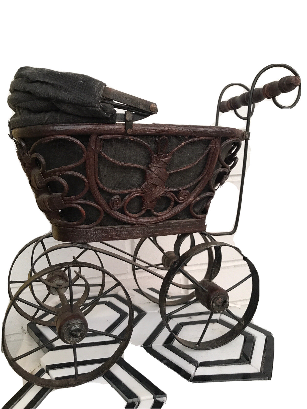 ANTIQUE BABY DOLL Stroller Wood Cane Metal Carriage Buggy Cottage Chic