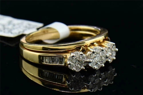 Round Cut Lab Created Diamond 14K Yellow Gold FN Wedding Ring Set