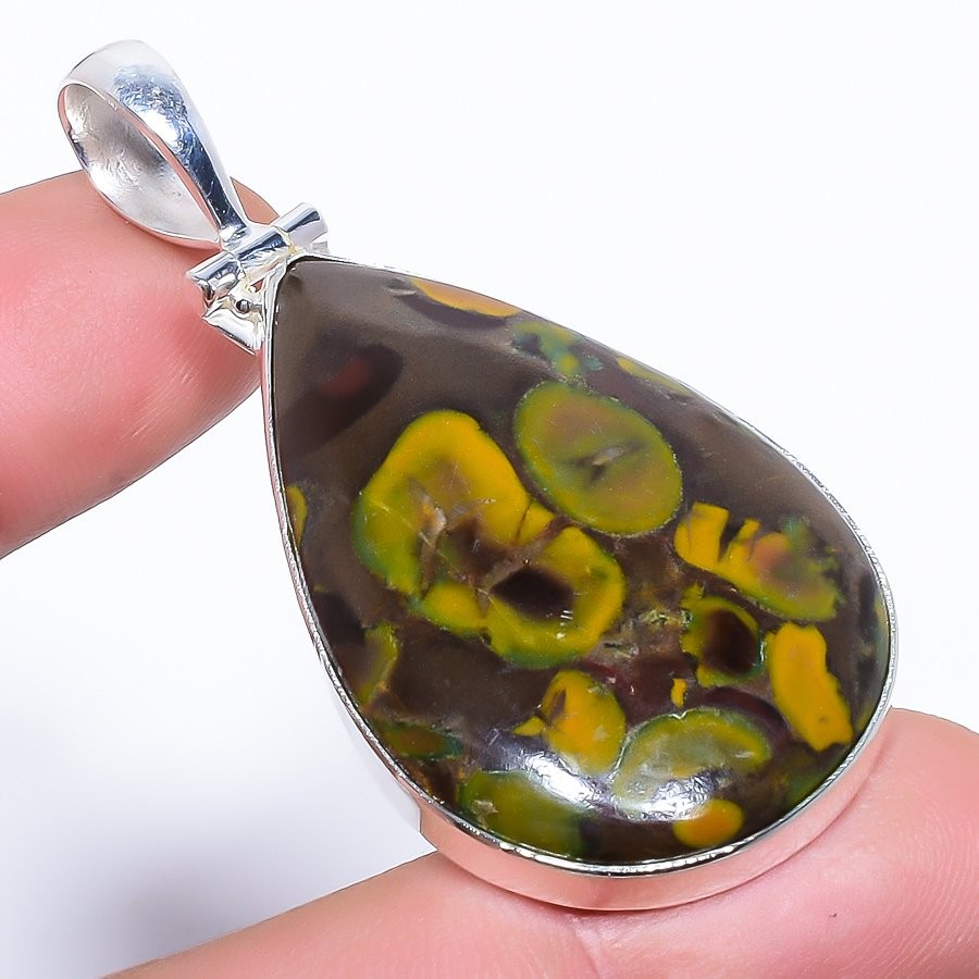 Natural Rhyolite Jasper Gemstone 925 Sterling Silver Pendant 2.2" n384