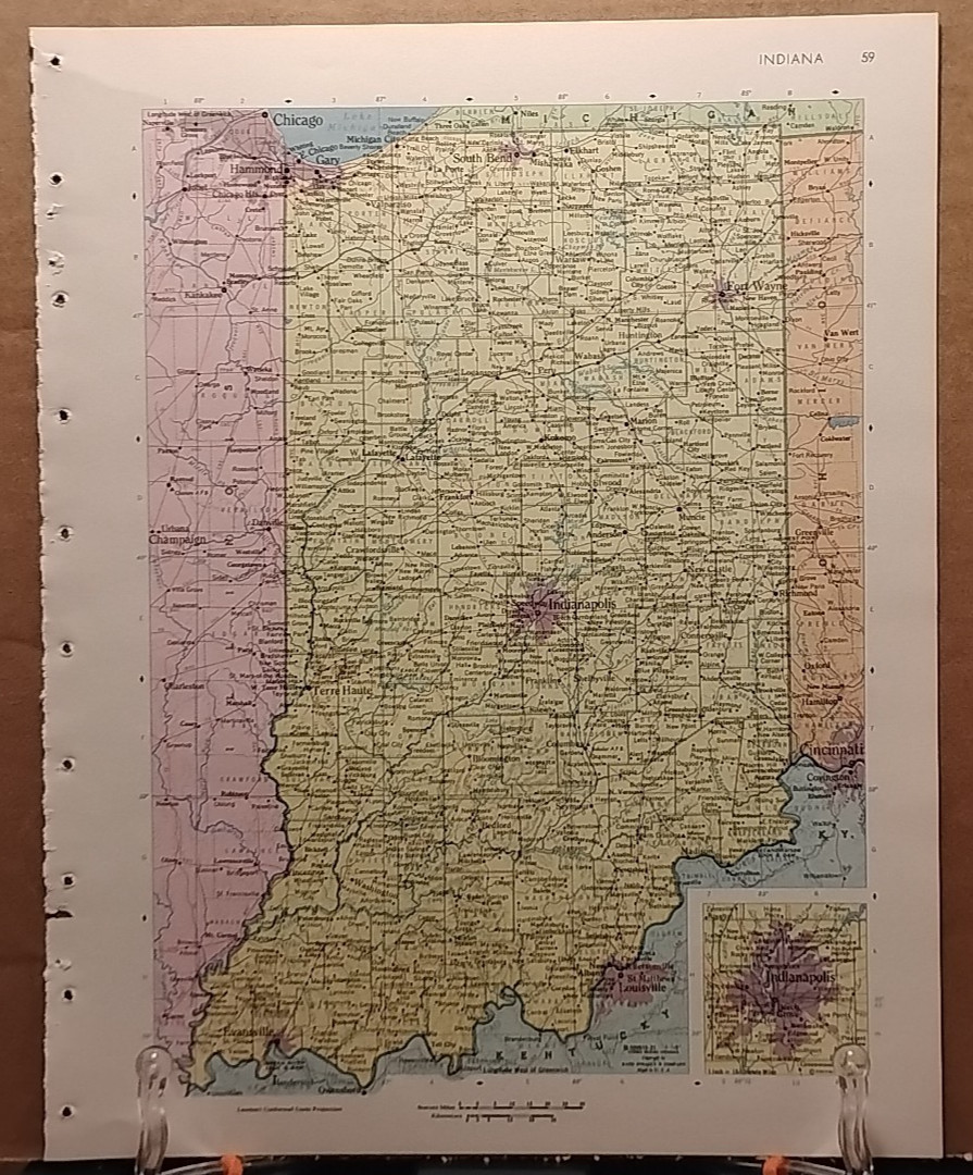 1966 Vintage INDIANA Authentic Old MCM Atlas Map - Rand McNally World Atlas