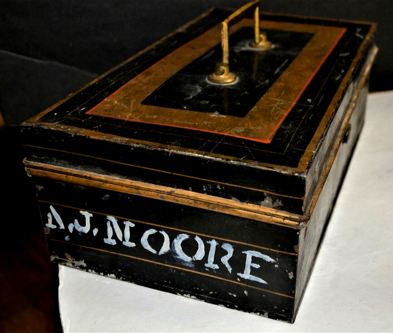 Antique Victorian Black Metal Brass Stash Safe CASH BOX Moore + Xtras England