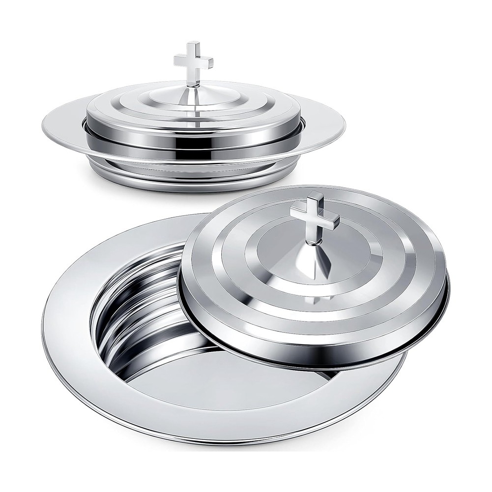 Silver Communion Set with Lid, Stainless Steel Bread Tray Plates for4064