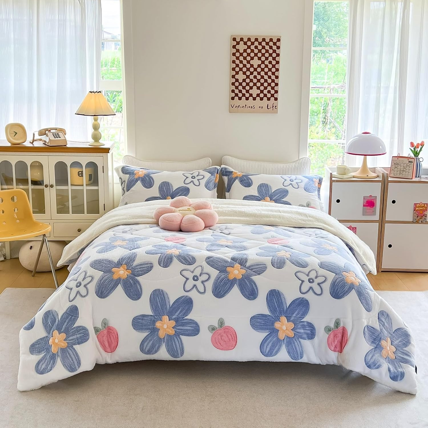 Blue Floral Fleece Comforter Set - 3 Piece Queen Size Thick Fluffy Comforter for