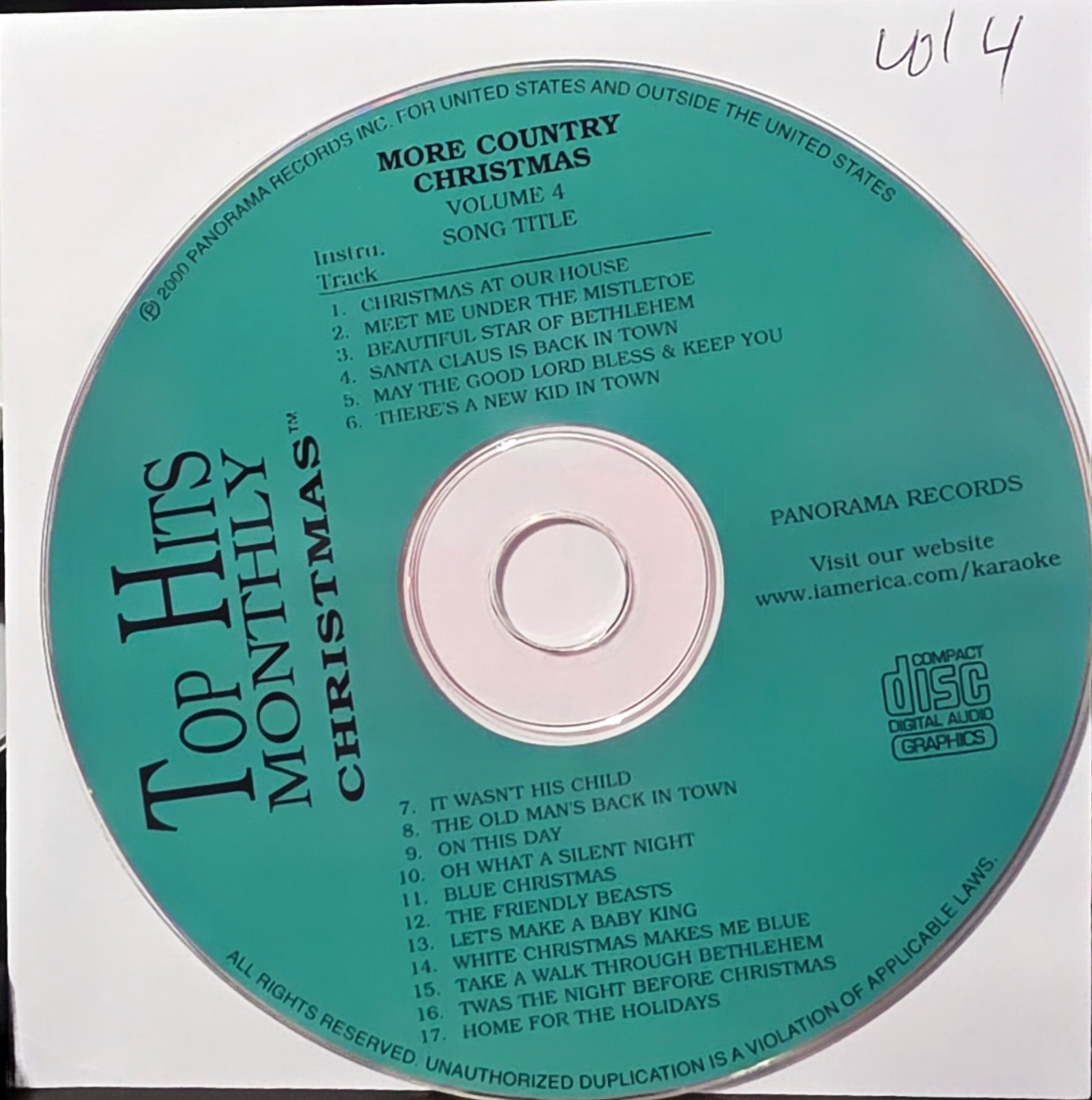 VOL 4 COUNTRY CHRISTMAS HITS     TOP HITS       KARAOKE CDG  LOT LONG DRIVE