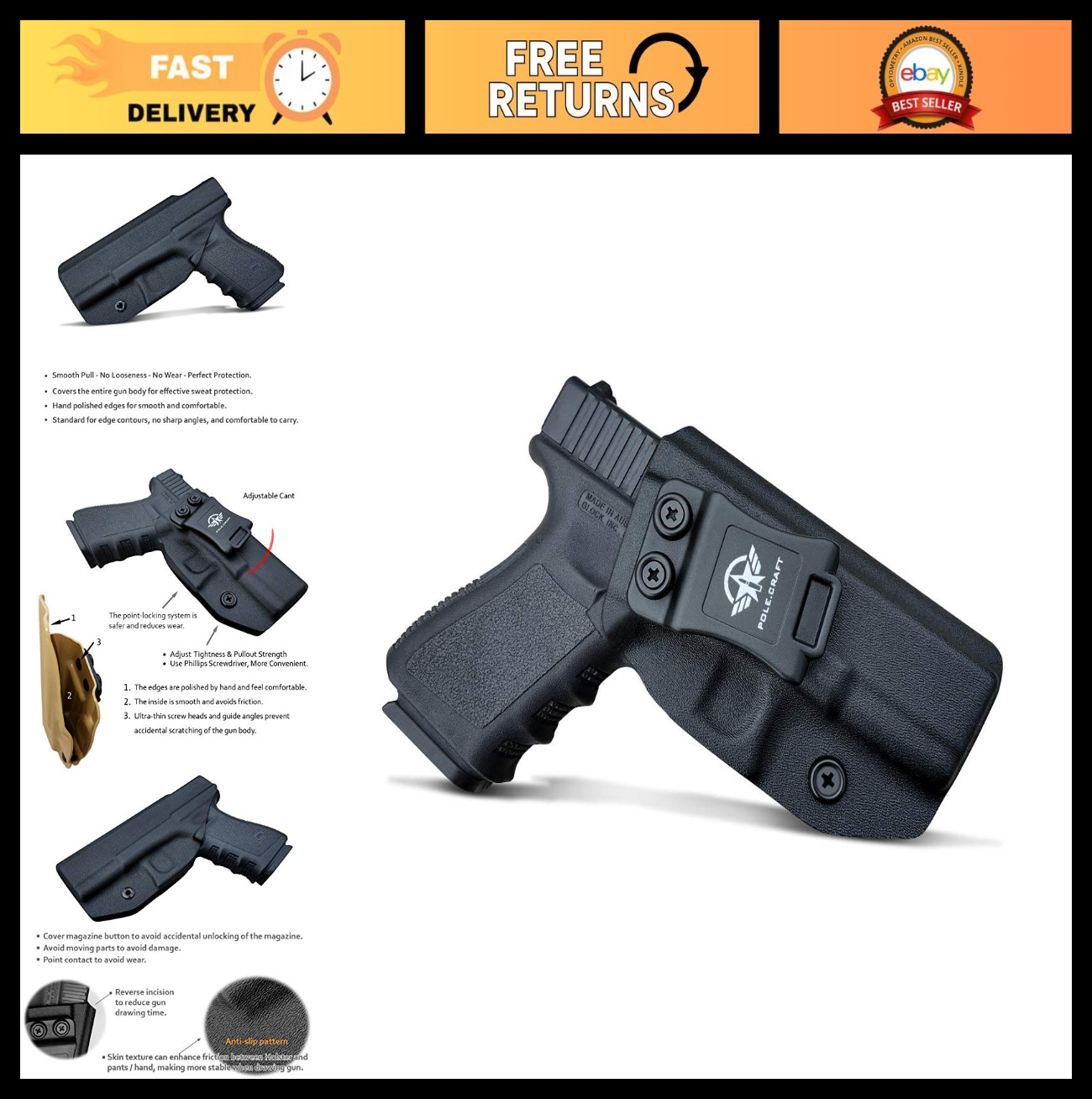Custom Fit IWB Kydex Holster for Glock 19 19X 23 25 32 44 45 - Adjustable Cant &