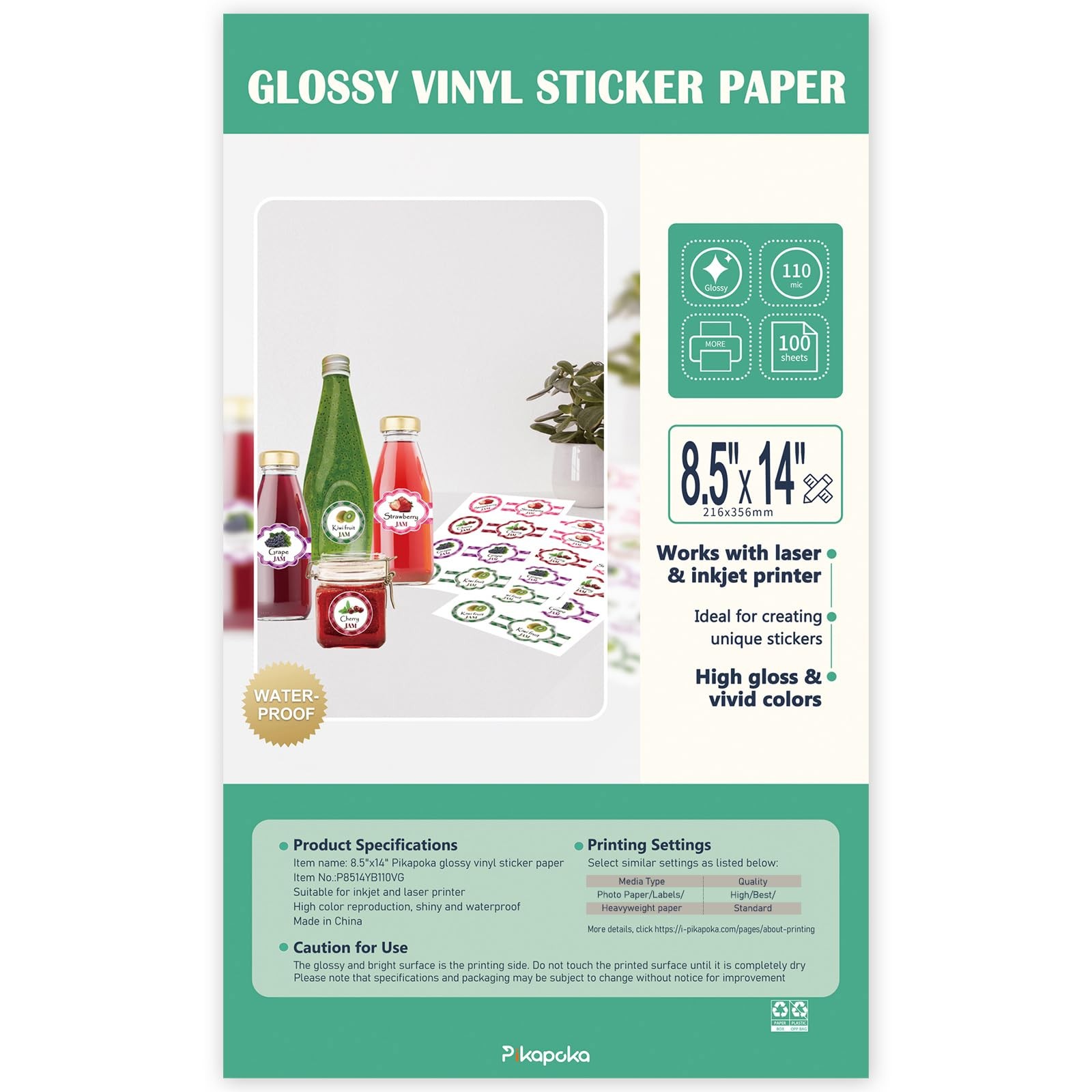 8.5x14 Removable Vinyl Sticker Paper, Waterproof, Legal Size, Inkjet/Laser