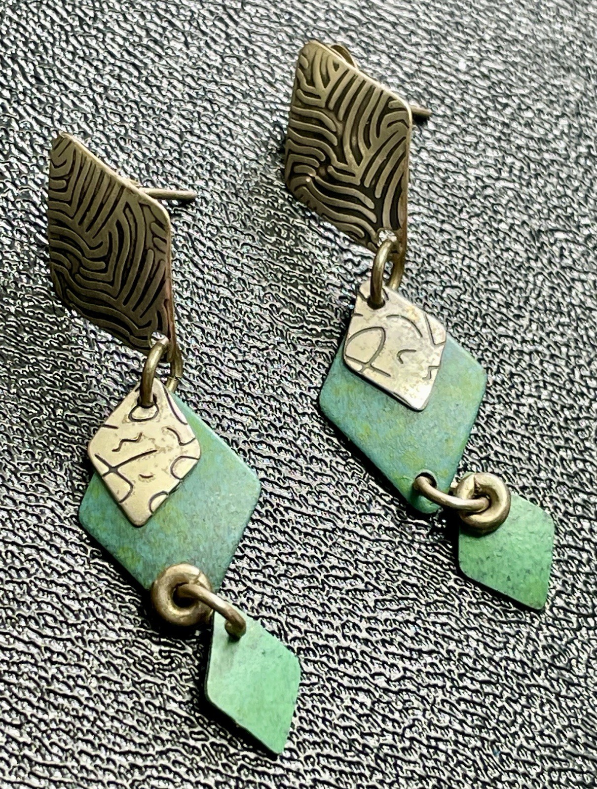 Vintage 1.6” Green Enameled Mixed Metal Dangle Earrings
