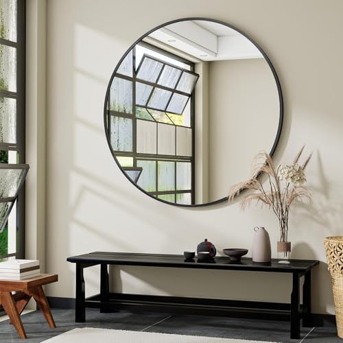  Large Round Bathroom Mirror, 48 inch Circle Wall Mounted 48"L x 48"W Black