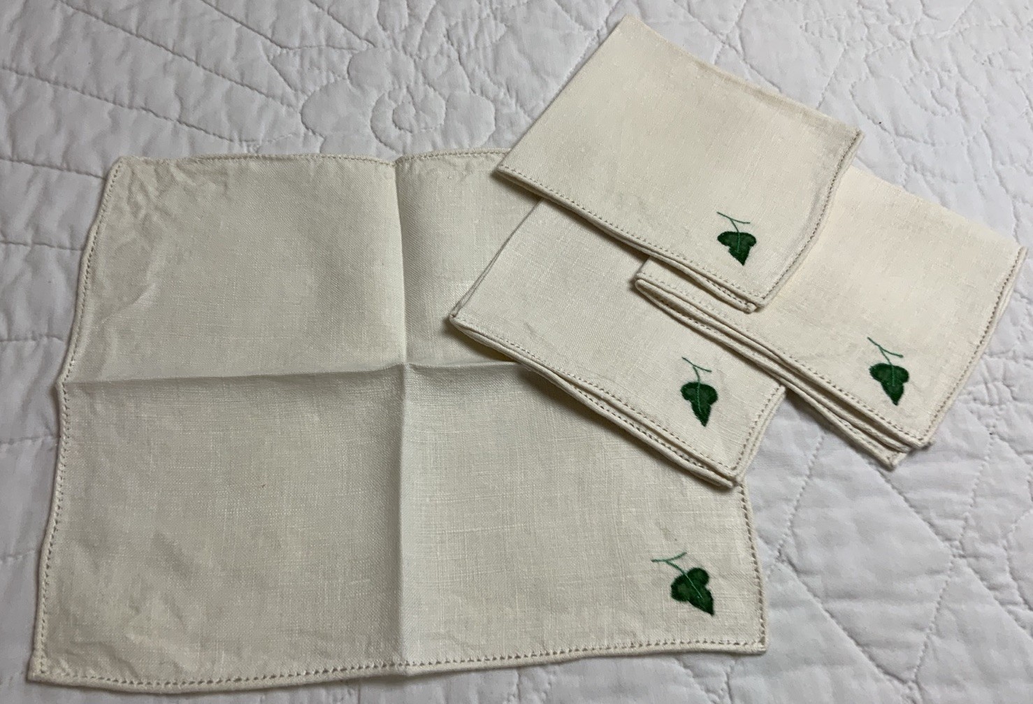 Four Vintage Cocktail Napkins, Small, Linen, Leaf Embroidery, White & Green