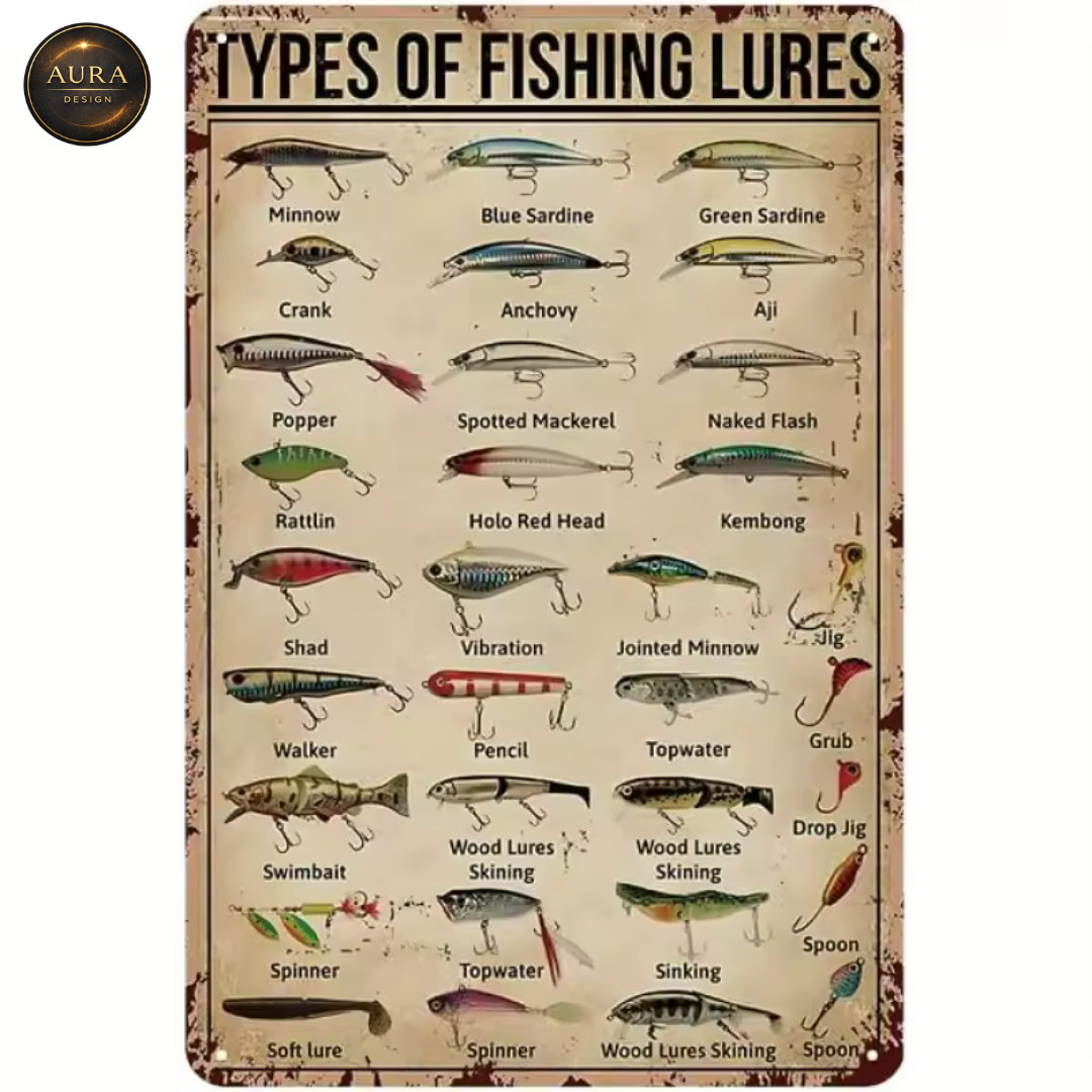 Decorative Metal Plaque Type Of Fishing Lures – Vintage Wall Art Poster