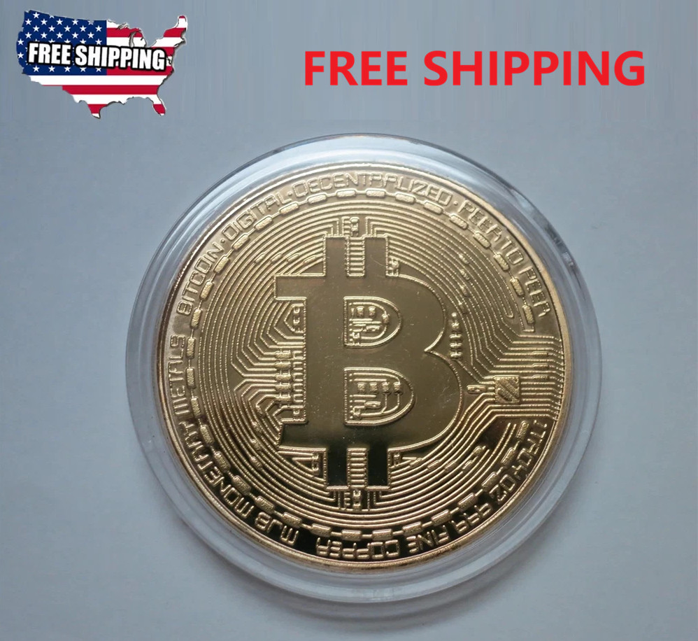 Gold Bitcoin w/ Protective Case NEW, Physical Gold Plated Collectible Bit Coin
