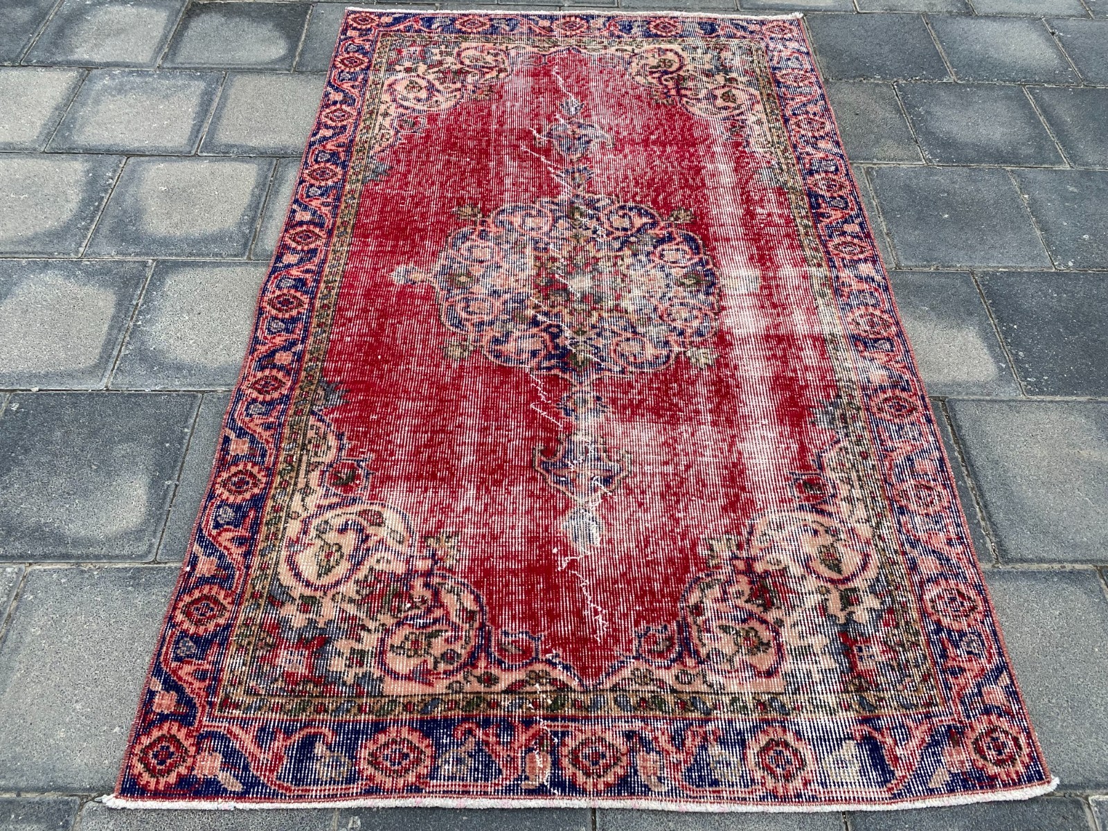 Vintage Turkish Area Rug 3.7 x 5.8 ft Hand Knotted Wool Red Distressed Carpet
