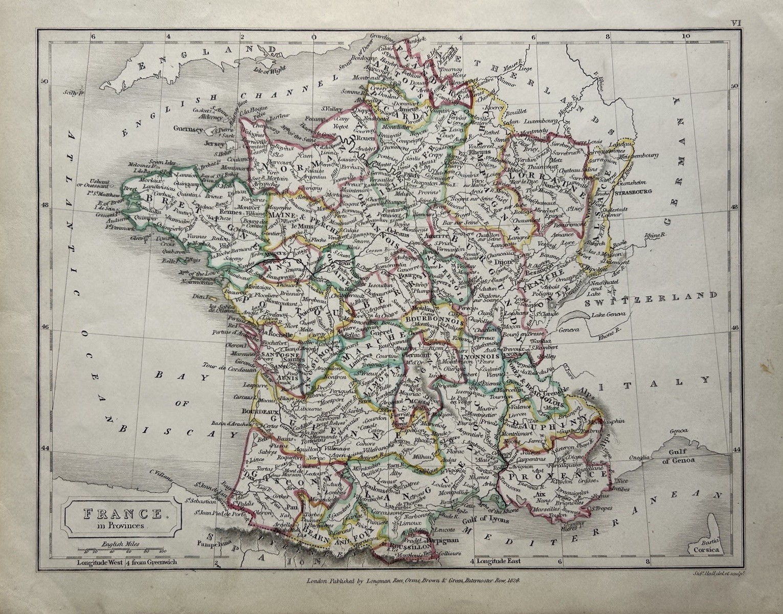 1829 France In Provinces Original Antique Hand Coloured Map By Sidney Hall
