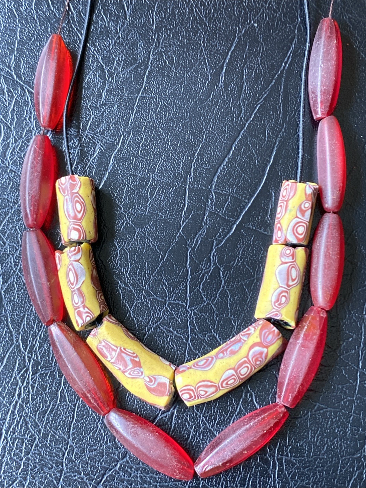 Antique Venetian Millefiori Beads Semi Elbow African Trade Red Cylindrical Italy